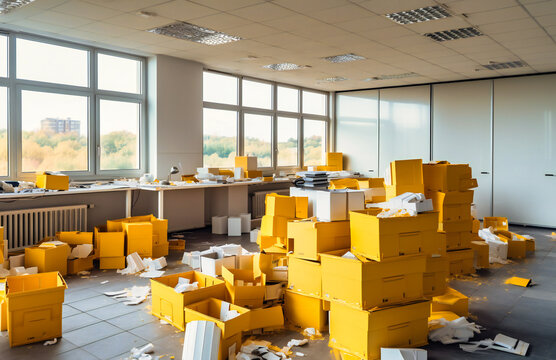 a large white open space of a office with moving box piles in the background