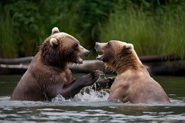 Fototapeta premium A pair of young Brown Bears fight in the middle of a river in Alaska.