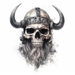 Viking skull in a helmet with horns. Medieval berserk warrior with beard. Digital art. Generative AI.