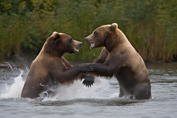 Obraz premium A pair of young Brown Bears fight in the middle of a river in Alaska.