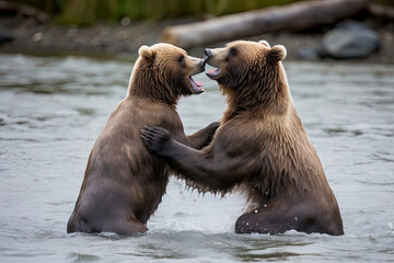 Obraz premium A pair of young Brown Bears fight in the middle of a river in Alaska.