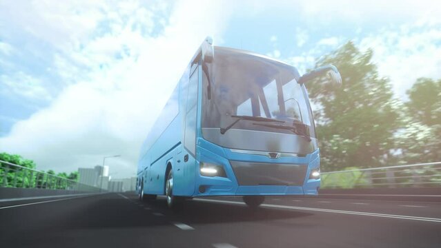 Blue tourist passenger modern bus on the highway. Surrounded by nature, trees, fields. Concept of tourism and transportation of people between cities. Sunny summer day. 3d animation in 4K