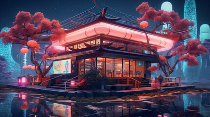 a futurist Japanese tea house in Neon colors in the middle of a sci fi city- created by generative ai