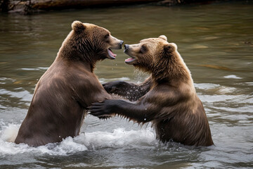 Obraz premium A pair of young Brown Bears fight in the middle of a river in Alaska.