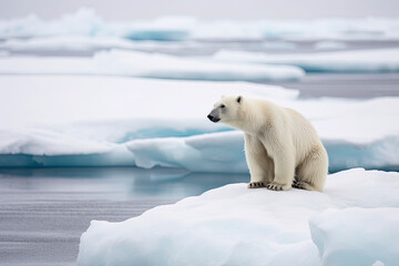 Fototapeta na wymiar Adult male polar bear sits at the edge of the fast ice in Svalbard