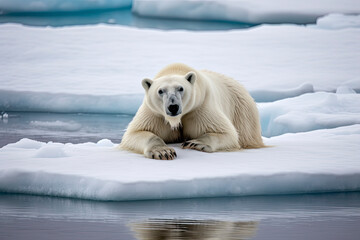 Obraz premium Adult male polar bear sits at the edge of the fast ice in Svalbard