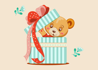 Cute little teddy bear looks out of the gift box with a big ribbon bow, cartoon style. Isolated design element greeting card, mother's day, valentine's day, birthday, baby shower, invitation. 