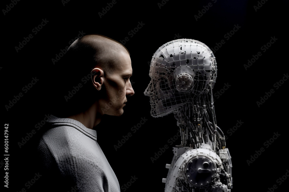 Wall mural person looking at a robotic artificial intelligence version of themselves. deep fake. generative ai