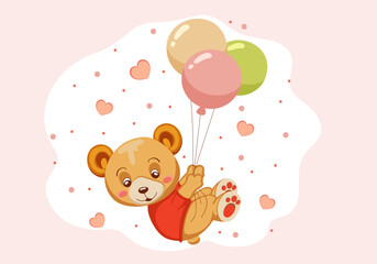 Cartoon happy cute little bear on pink background with hearts flying on balloons. Isolated design element greeting card, birthday, mother's day, valentine's day, baby shower, party, invitation. Vector