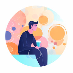 a man sitting, waiting and drinking coffee in vibrant flat illustration style - created by generative ai