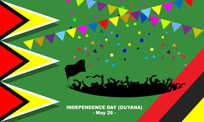 a group of Guyanese people commemorating independence day, with framed 3 Guyana flags and hanging colored paper decorations and paper party poppers. commemorate Independence Day (Guyana) May 26