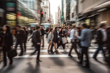 Blurred crowd of business people walking on zebra crossing in city. AI generative