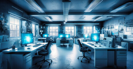 an empty office with many desks and blue colored walls