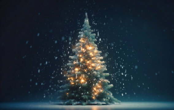 christmas tree falling in snow, in the style of vibrant stage backdrops