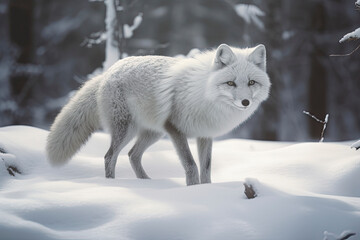 Fototapeta premium Arctic Fox Prowling in the Snowy Forest photorealism made