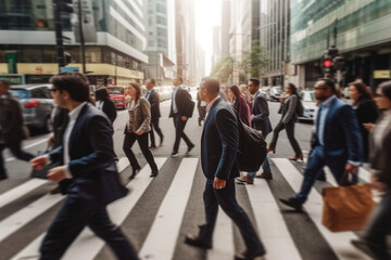 Blurred crowd of business people walking on zebra crossing in city. AI generative