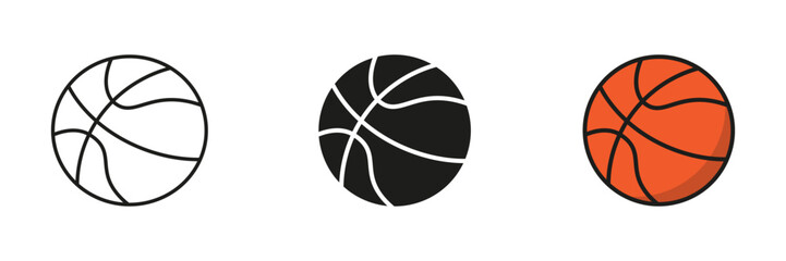 Basketball Ball Silhouette and Line Icon Set. Ball for Play Sports Game Solid and Outline Black and Color Symbol Collection on White Background. Isolated Vector Illustration