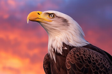 Obraz premium Bald eagle with open beak. Side portrait. In the background is a colorful sky with clouds at sunset