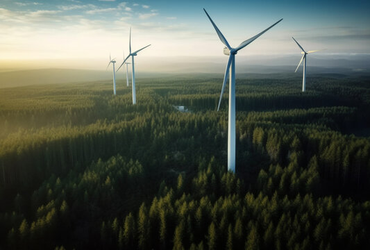Windmills hyper ecology farm in beautiful forest landscape. AI Generative