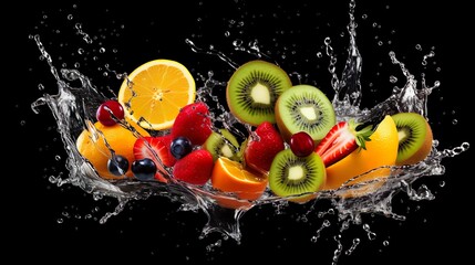 Fototapeta premium Sliced fruits with water splash made with Ai generative technology