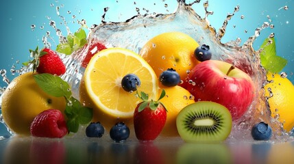 Naklejka premium Sliced fruits with water splash made with Ai generative technology