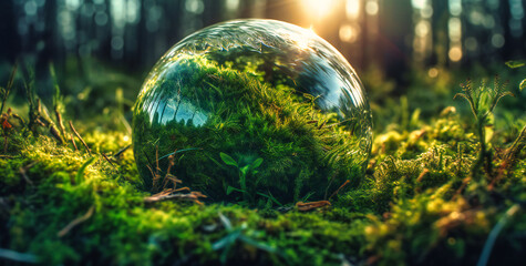 Obraz na płótnie Canvas a globe on a green field with bright sun and moss
