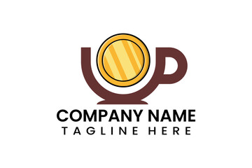 Flat coffee cup gold coin logo icon template vector design illustration