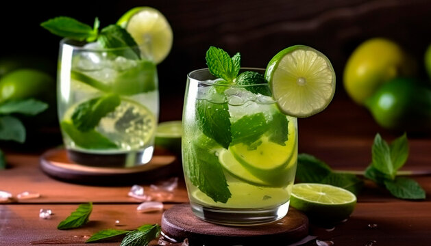 A glass of mojito and lemon. Table, fruit, professional background. High quality illustration Generative AI