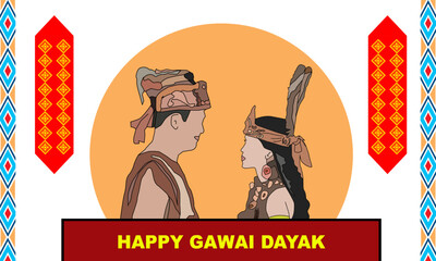 a couple wearing traditional Dayak clothes stare at each other with a circular background and a Dayak frame pattern with bold text commemorating Gawai Dayak is celebrated on June 1 and 2 every year