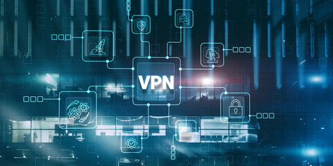 VPN Virtual Private network protocol. Business, Technology, Internet. Cyber security and privacy connection on city background