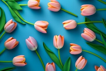 Spring Tulip Flowers on Blue Background, Top View in Flat Lay Style. Generative ai