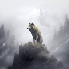 wolf in the snow at the peak of big stone generative ai art