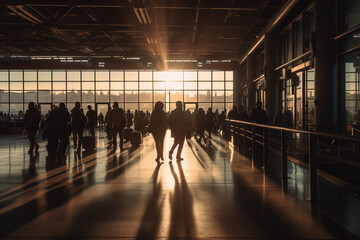 Blurred crowd people walk through glass building of business center or airport. AI Generative