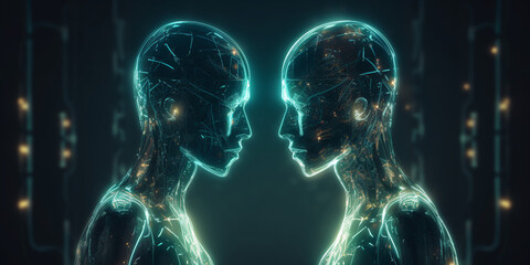 two robots face to face, futuristic inspiration, robotics, artificial intelligence