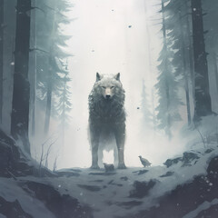 wolf in the snow and alone in the forest Ai generative image