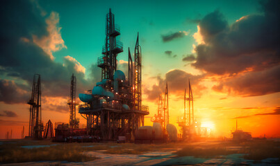 Obraz premium a rig and gas pumps with the sun behind them