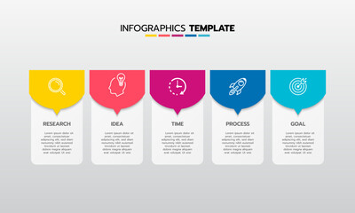 Business infographic template process with simple geometry square, rectangle, circle, triangle, curves in flat design template with thin line icons and 5 options or steps. Vector illustration.