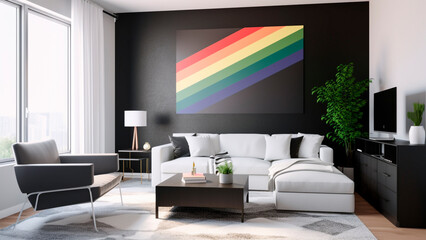 A living room with a rainbow picture on the wall. Generative AI.