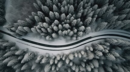 Long road in the middle of a snowy forest. Amazing top view