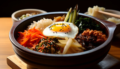 Experience the vibrant and diverse flavors of Korea with Bibimbap, a traditional dish that's packed with deliciousness. This colorful mix of rice, veggies, meat, and egg.