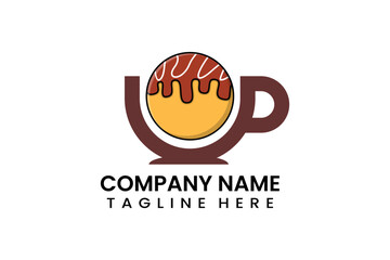 Fototapeta premium Flat coffee cup takoyaki logo icon template vector design illustration