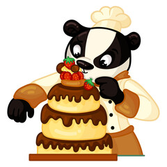 Pastry-cook decorating cake. Chef cooker, confectioner cooking delicious sweet dessert, adding strawberry, final touch to confectionary dish.Vector illustration isolated on white background.