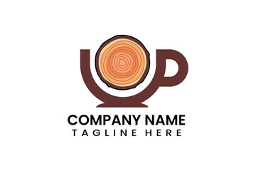 Flat coffee cup wood trunk logo icon template vector design illustration