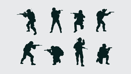 Army soldiers with sniper rifle on duty vector silhouette. Memorial Veterans day, 4th of July Independence day. Soldier keeps watch on guard. Rangers on border. Commandos team unit. Special force crew