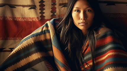 Portrait of a young Native American woman wearing a blanket by generative AI