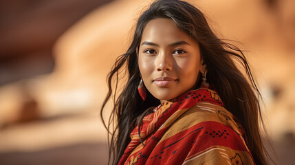 Portrait of a young Native American woman wearing a Navajo blanket by generative AI