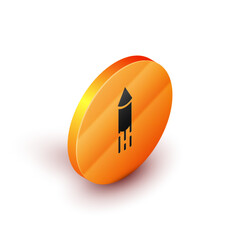 Isometric Firework rocket icon isolated on white background. Concept of fun party. Explosive pyrotechnic symbol. Orange circle button. Vector