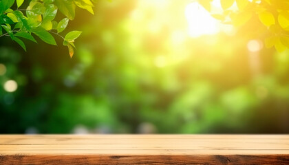 summer fresh background of leaves and wood table. High quality illustration Generative AI