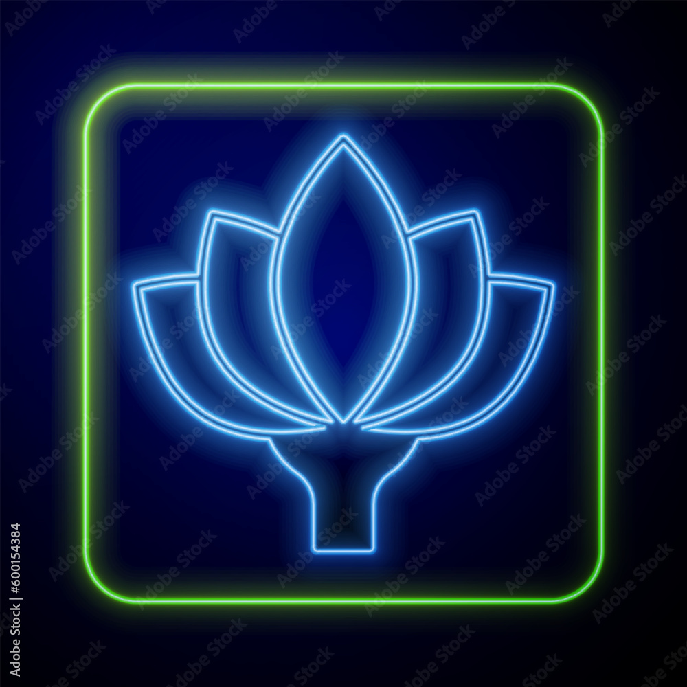 Wall mural glowing neon lotus flower icon isolated on blue background. vector