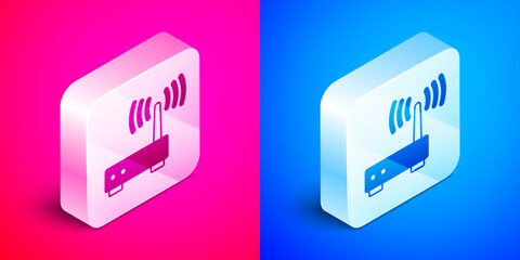 Isometric Router and wi-fi signal icon isolated on pink and blue background. Wireless ethernet modem router. Computer technology internet. Silver square button. Vector